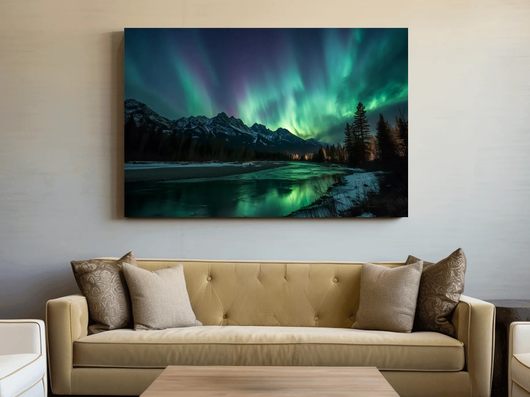 Vibrant Green Northern Lights Over Frozen Lake - Aurora Borealis Landscape Wall Art