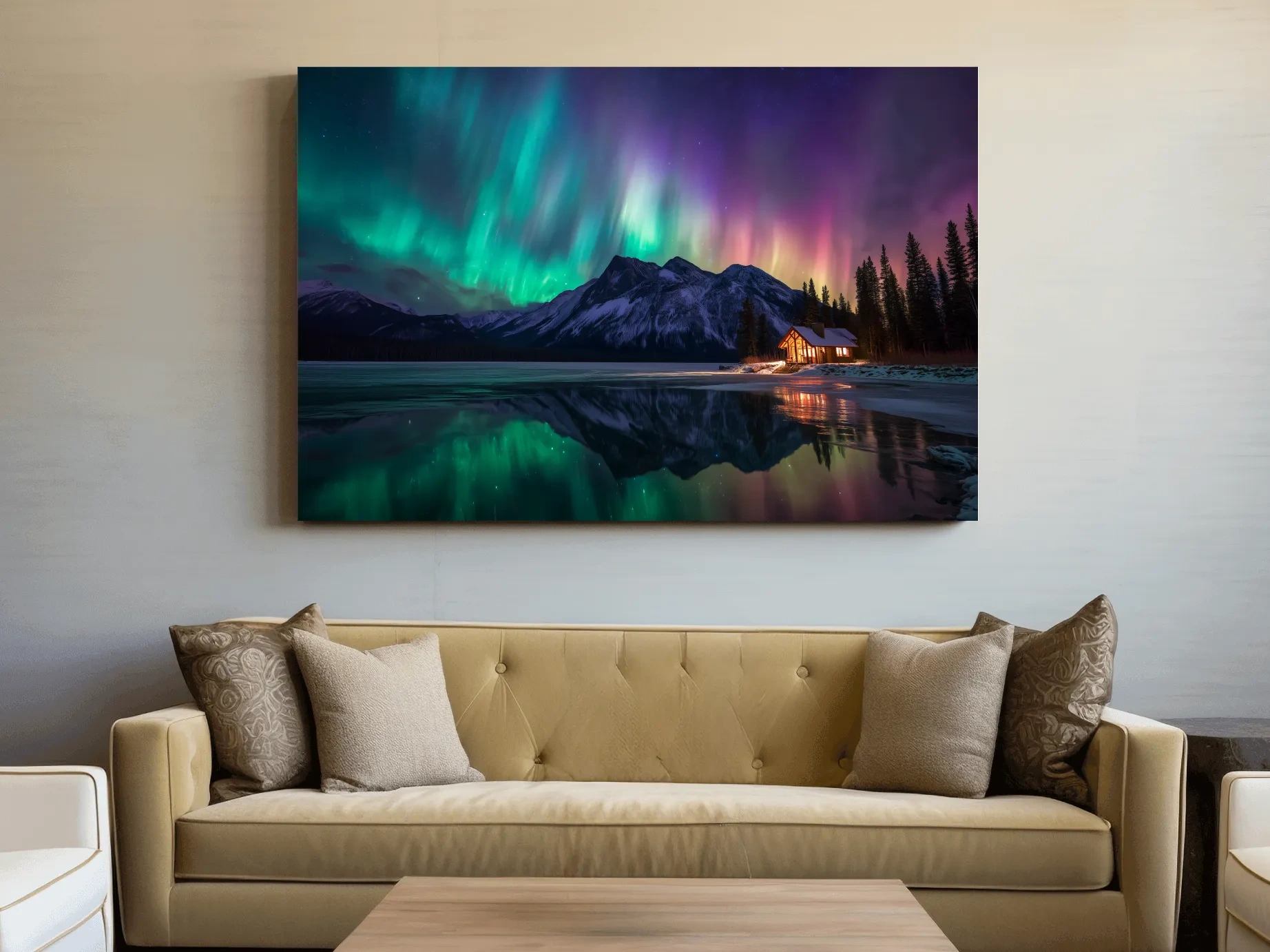Vibrant Northern Lights Over Mountain Lake Cabin - Aurora Borealis Landscape Wall Art