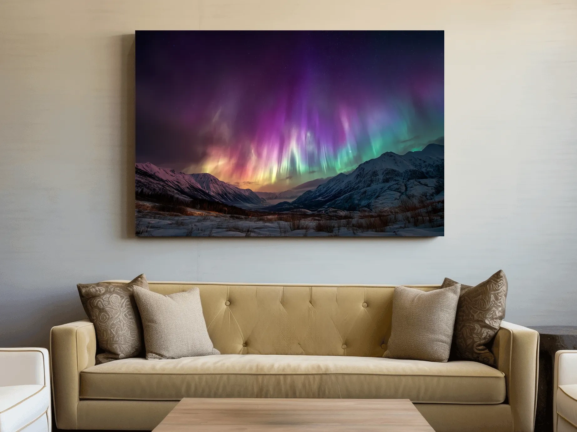 Vibrant Aurora Borealis Over Snowy Mountains - Northern Lights Night Sky Wall Art