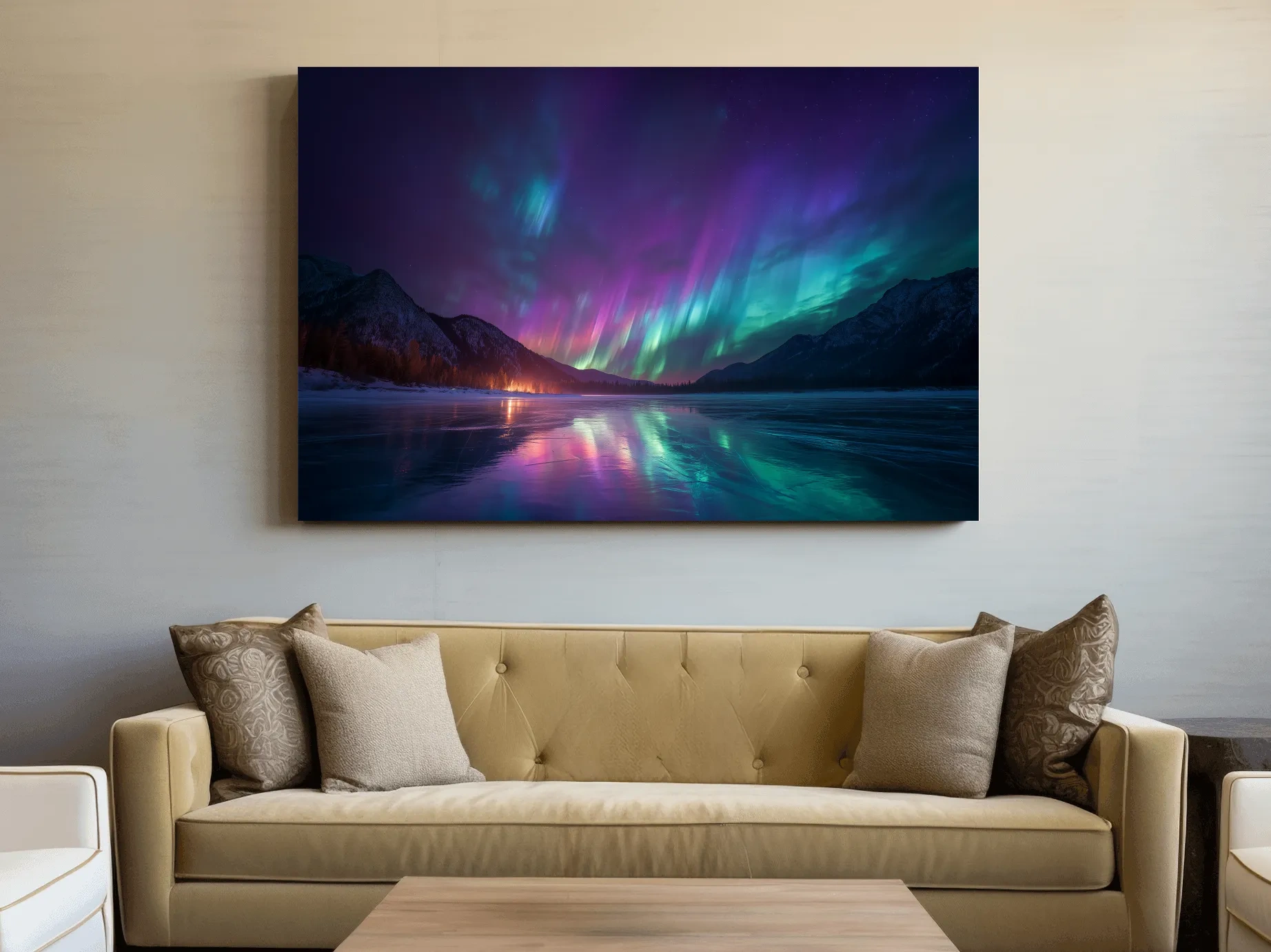 Vibrant Aurora Borealis Over Frozen Lake - Northern Lights Mountain Wall Art