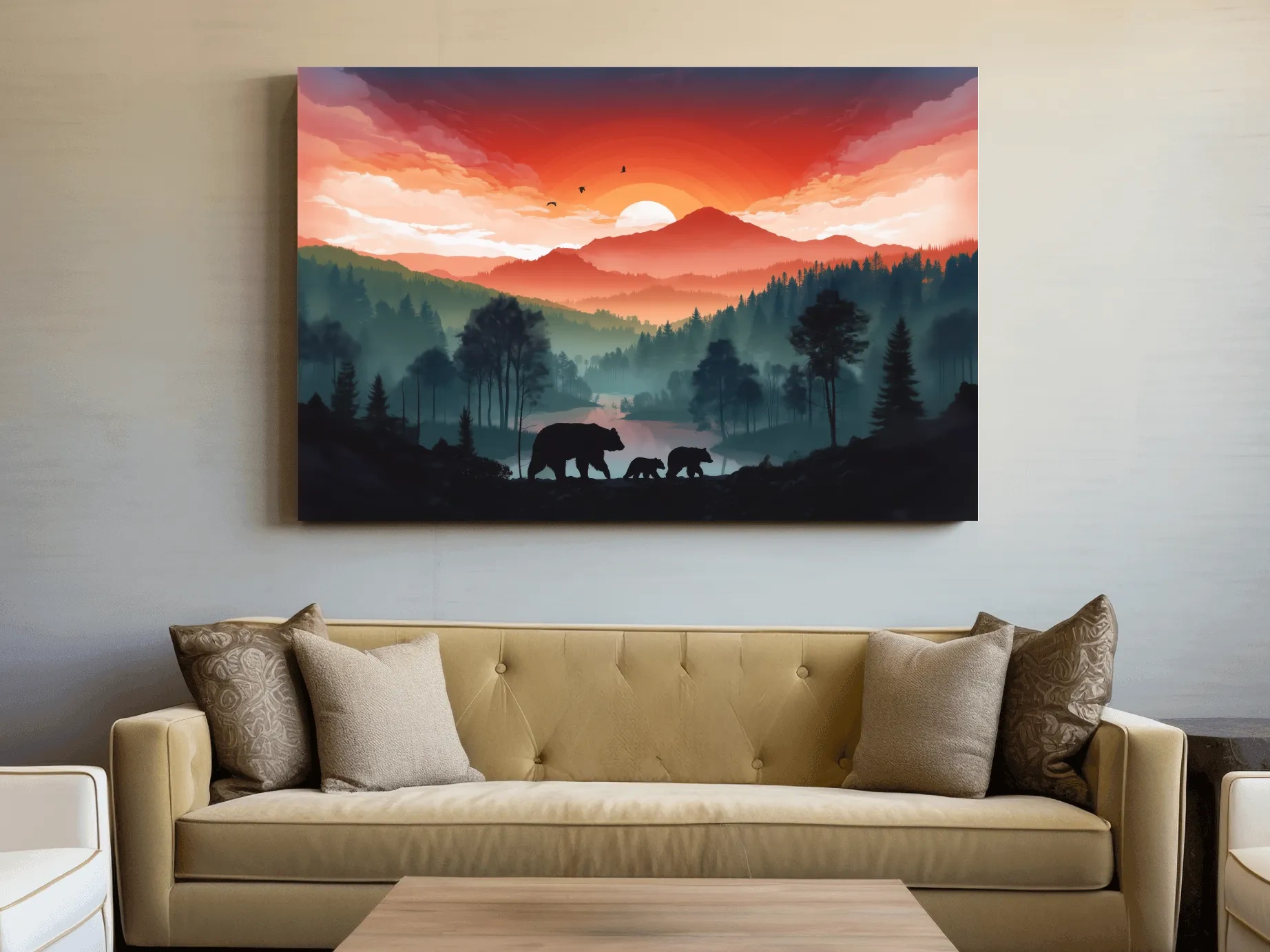 Sunset Bear Family Silhouette Landscape - Misty Mountain Forest Wall Art