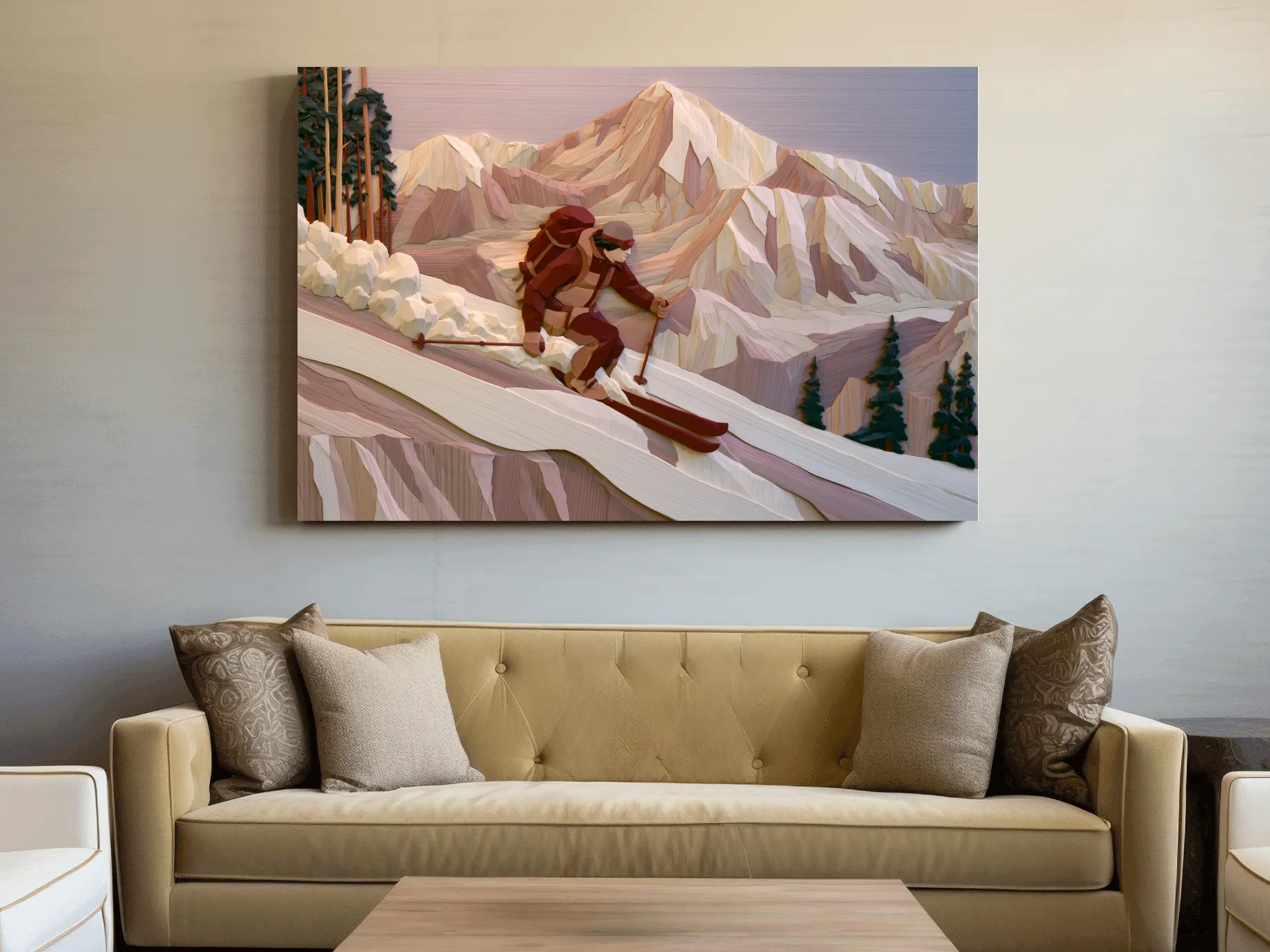 Geometric Backcountry Skier In Alpine Peaks - Winter Mountain Adventure Wall Art