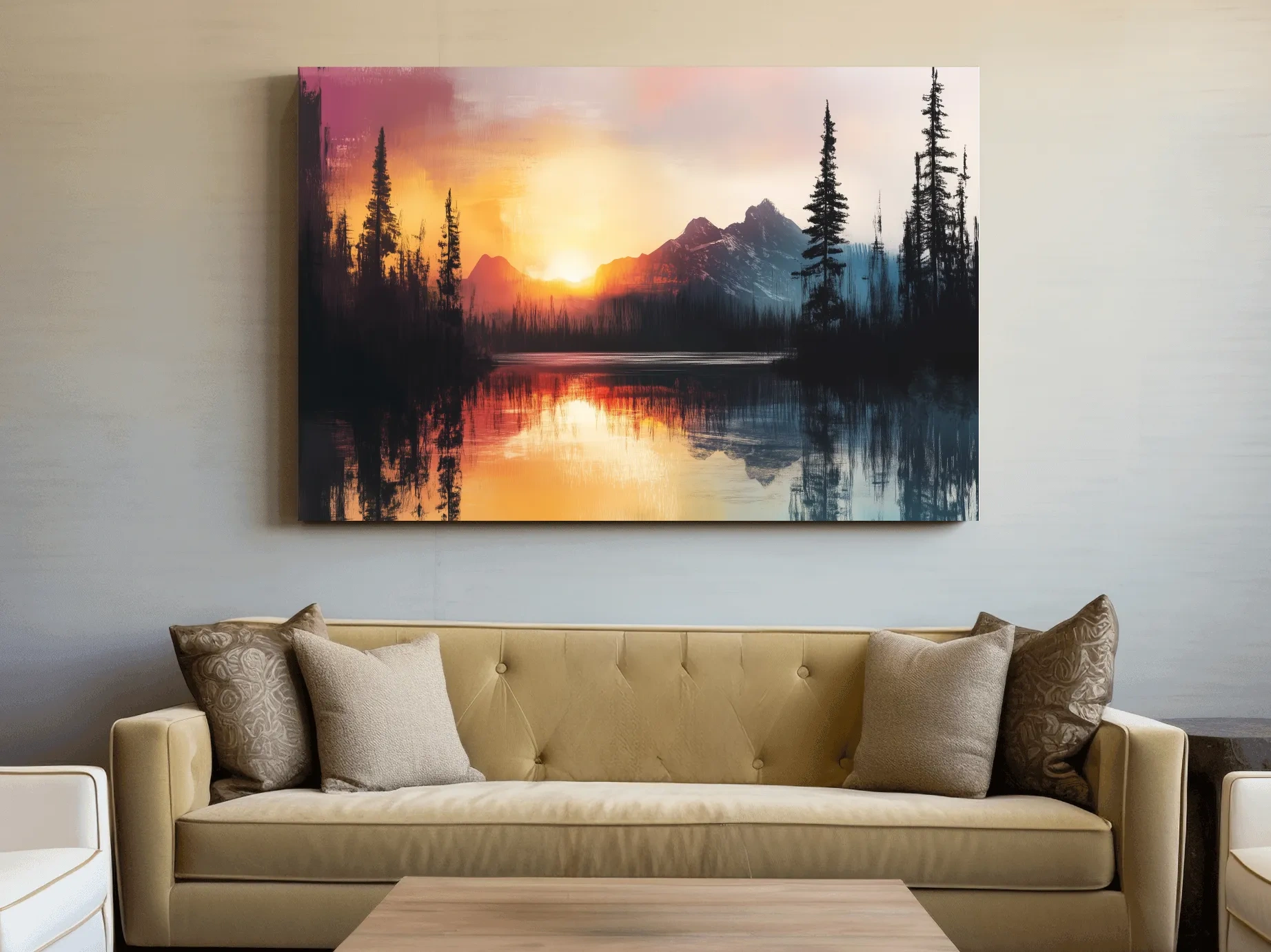Sunset Mountain Lake Reflection Painting - Dramatic Pine Forest Landscape Wall Art