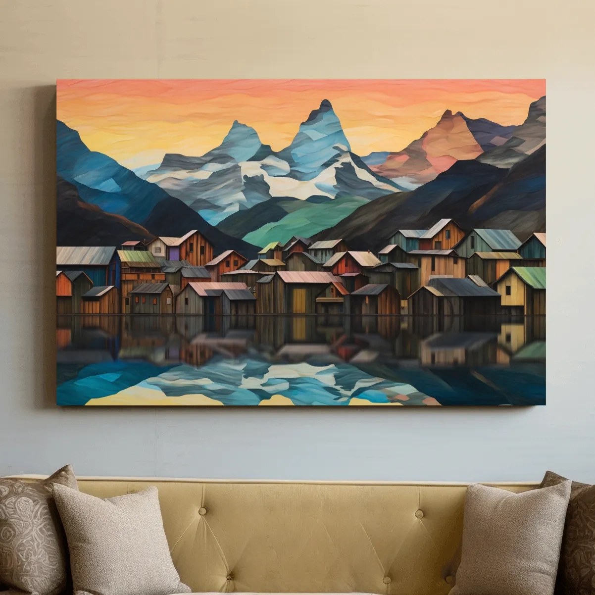 Alpine Mountain Village Reflections - Colorful Paper Cut Style Wall Art
