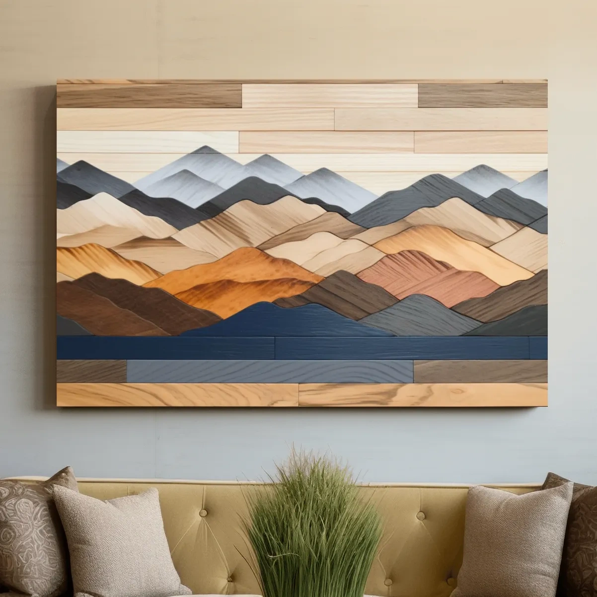 Rustic mountain wall art, layered wood piece effect