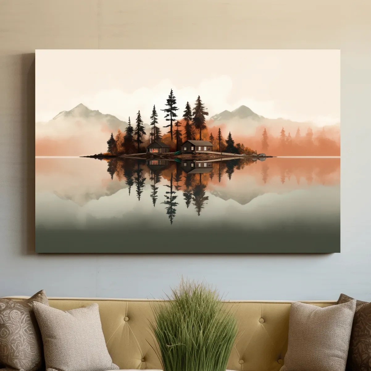 Minimalist art, lakeside cabin amongst the trees
