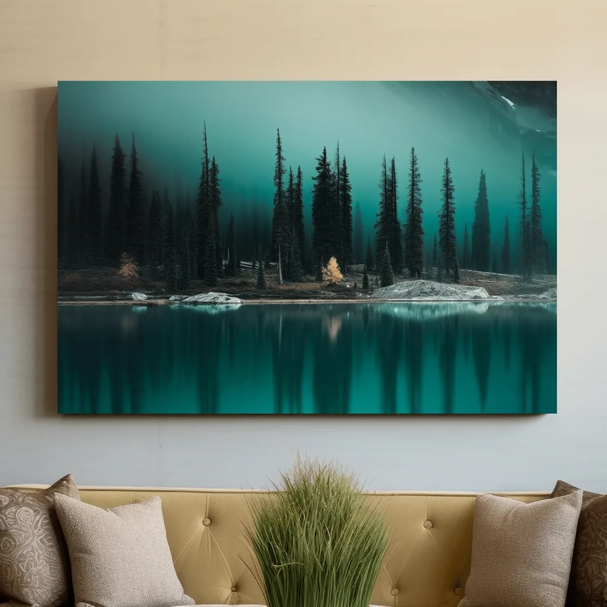 Trees on a turquoise alpine lake, mountain painting