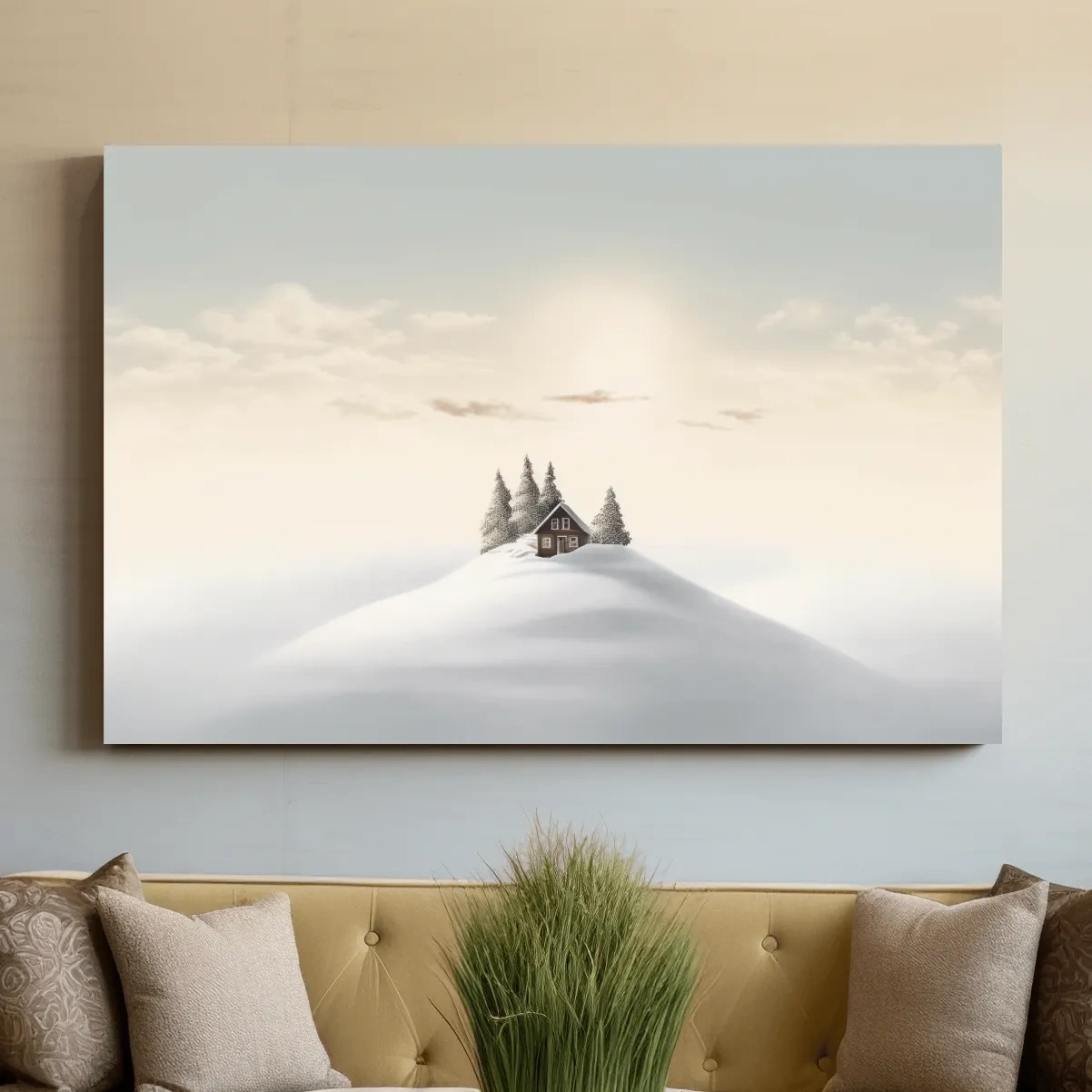 Minimal painting, cabin in the snow