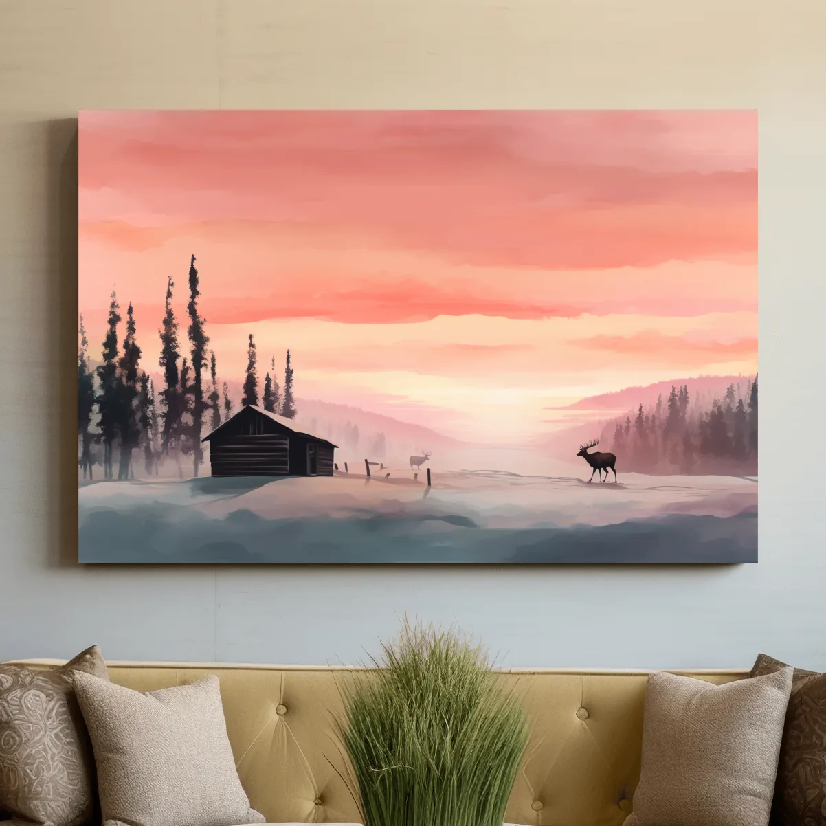 Sunset mountain scene, deer in the snow