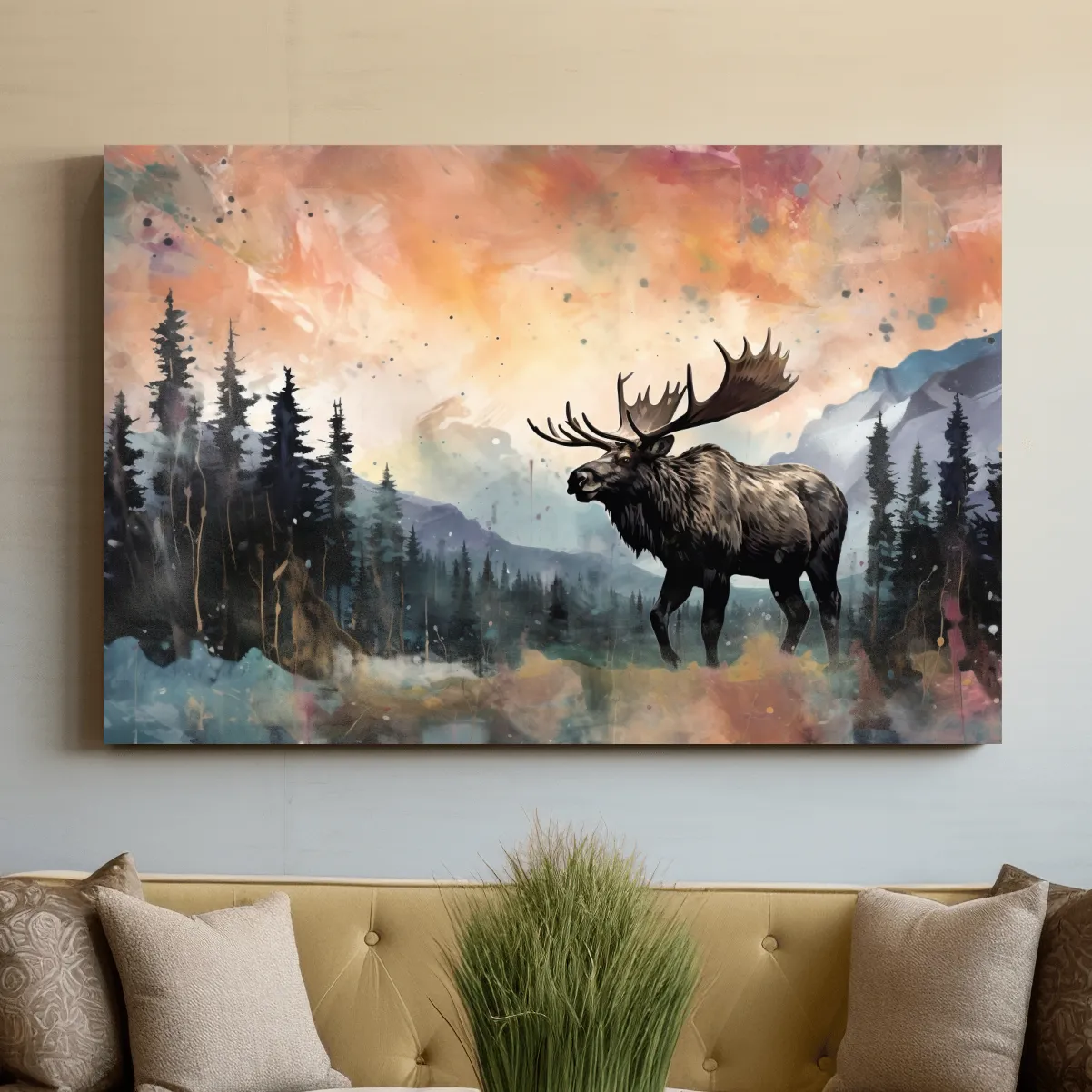 Watercolor Moose In Misty Mountain Forest - Rustic Wildlife Wall Art