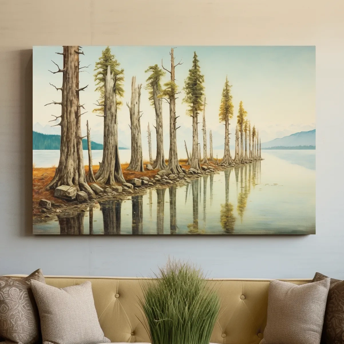 Painting of a line of trees beside a lake and mountains