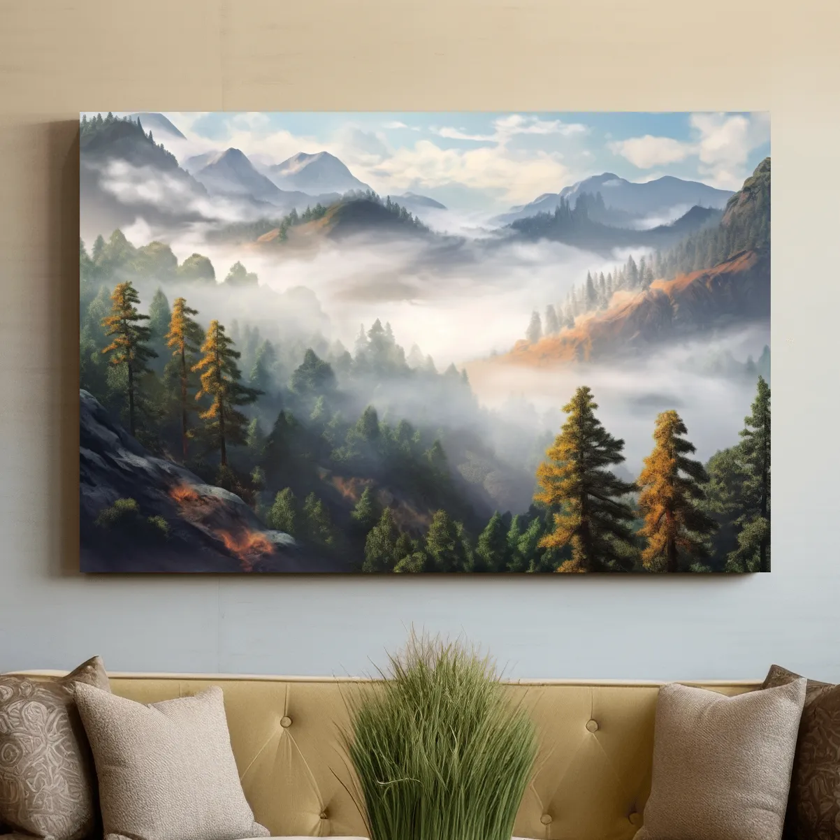 Painting of fog rolling through the trees and mountains