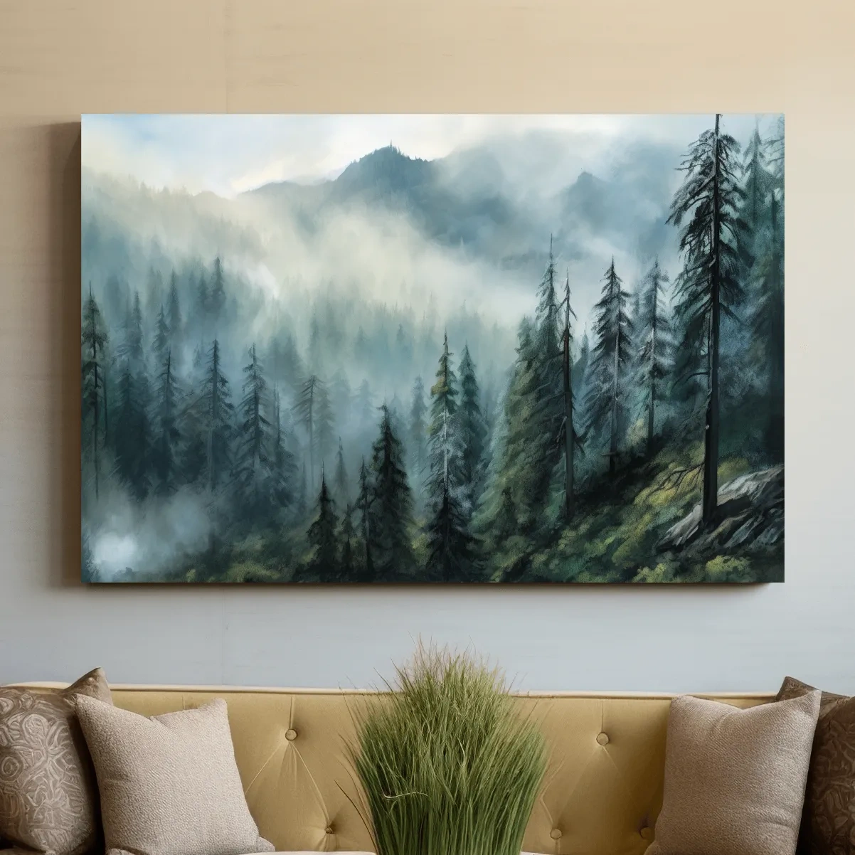 Painting of a foggy forest and mountains