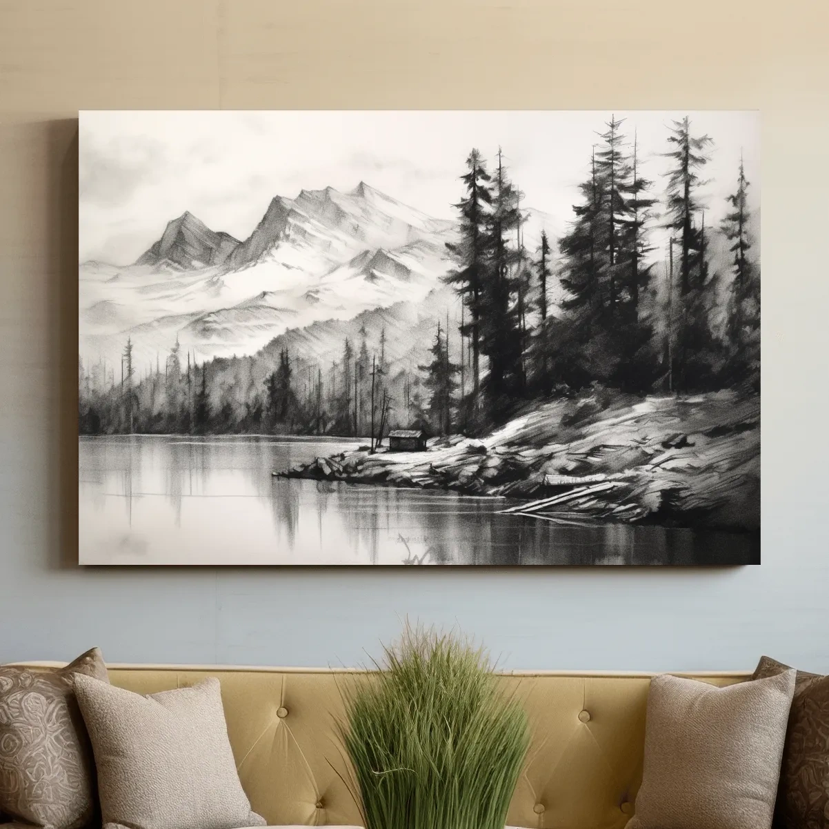 Charcoal drawing of mountains and a lake