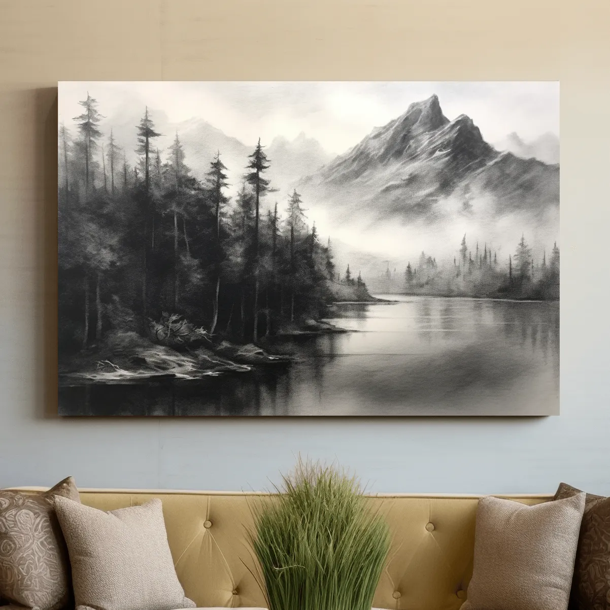 Charcoal drawing of mountains and a lake