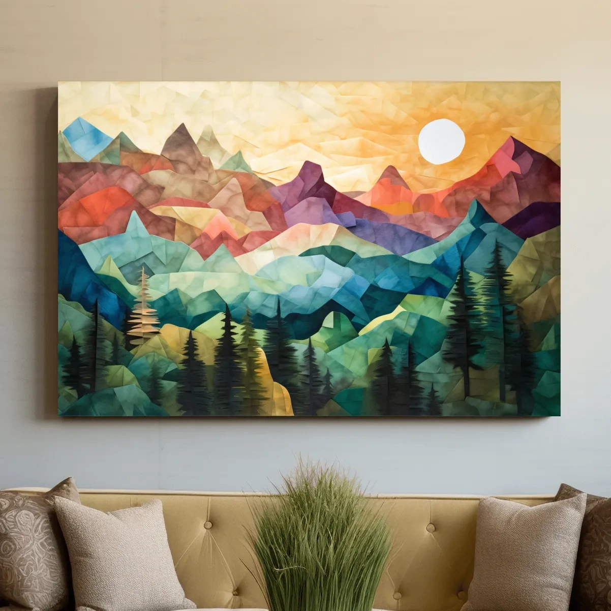 Abstract canvas print of mountains at sunset, patchwork effect