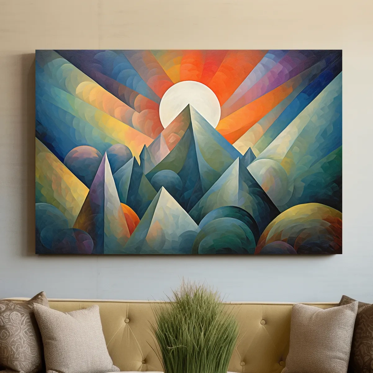 Abstract painting of mountains at sunrise