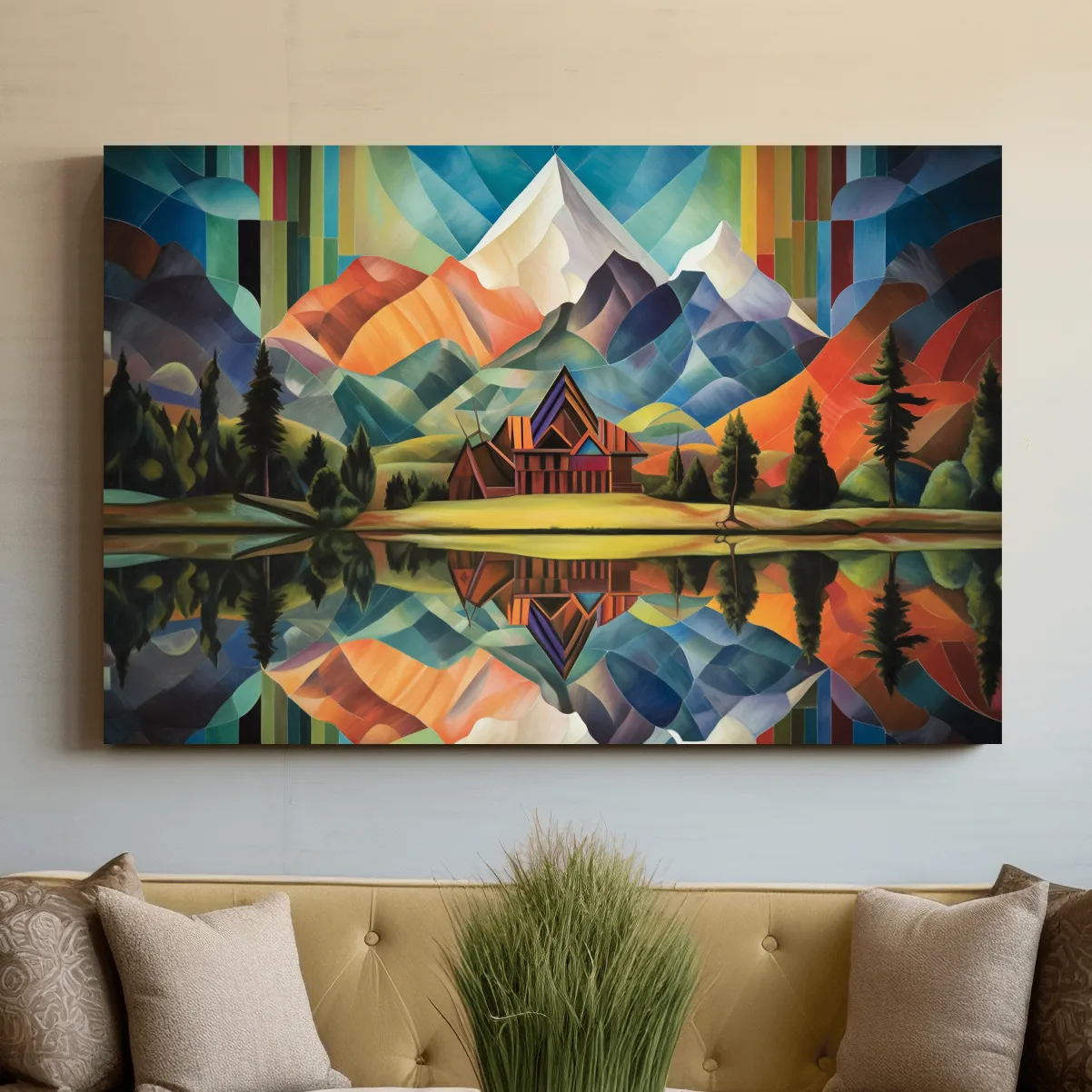 Abstract oil painting of a cabin by a lake, mountain scenery