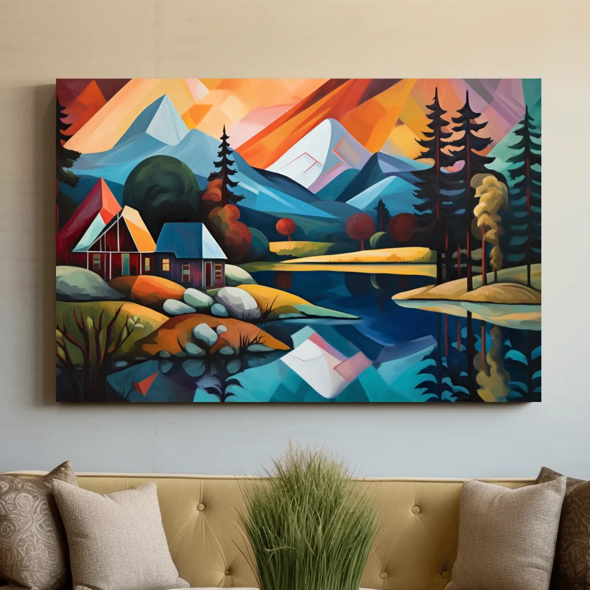 Vibrant Geometric Mountain Lake Cabin Oil Painting - Modern Abstract Wall Art