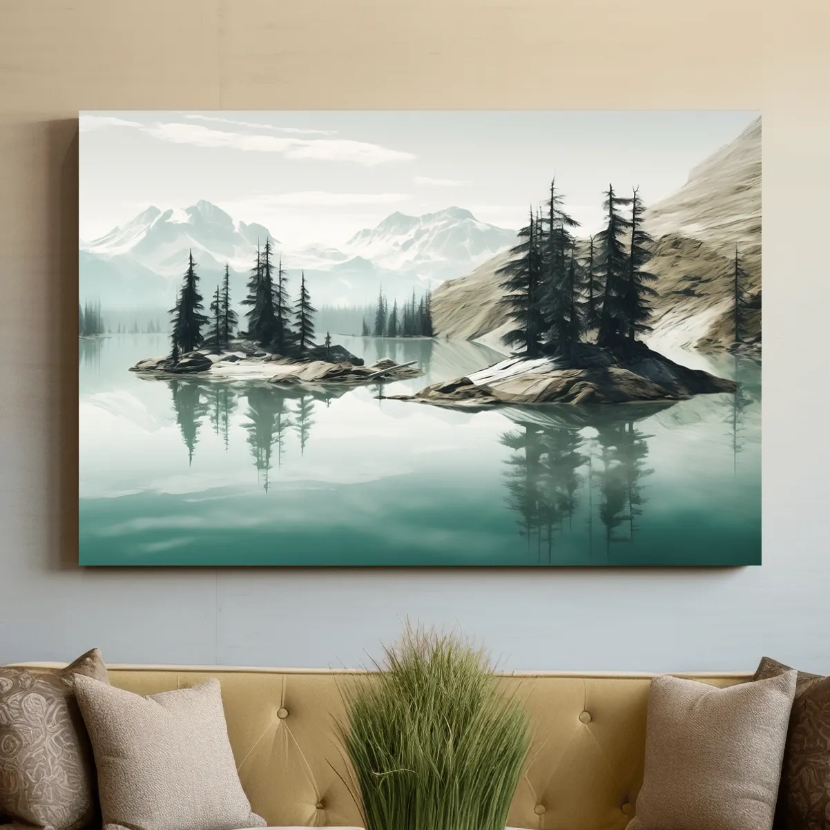 Painting of trees on an alpine lake