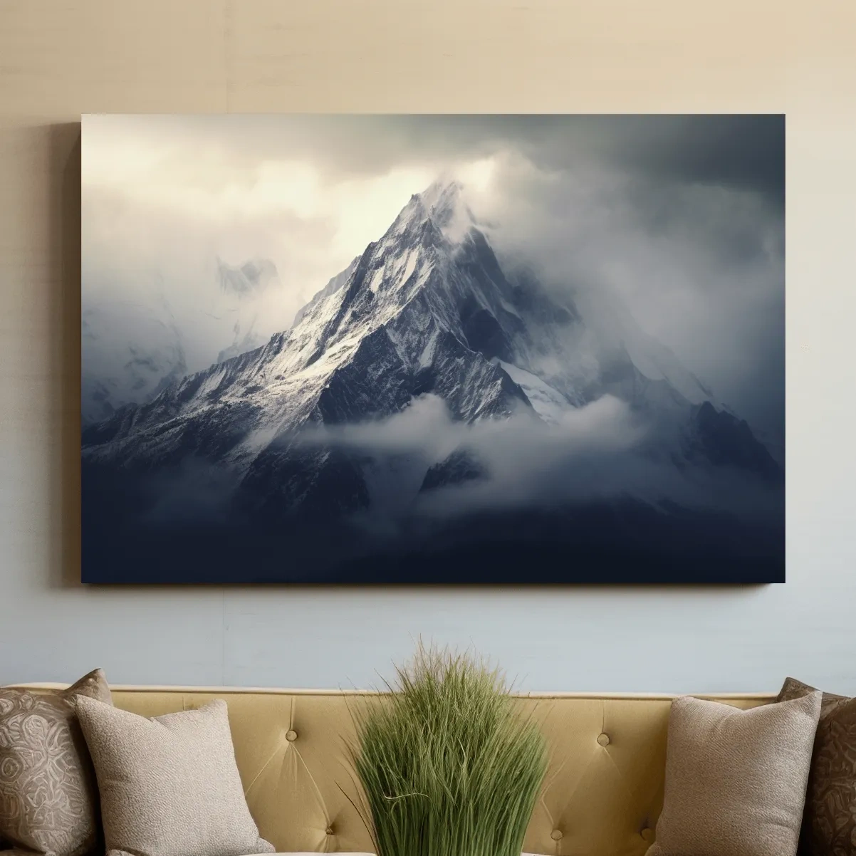 Photographic art, snow capped mountain in the clouds