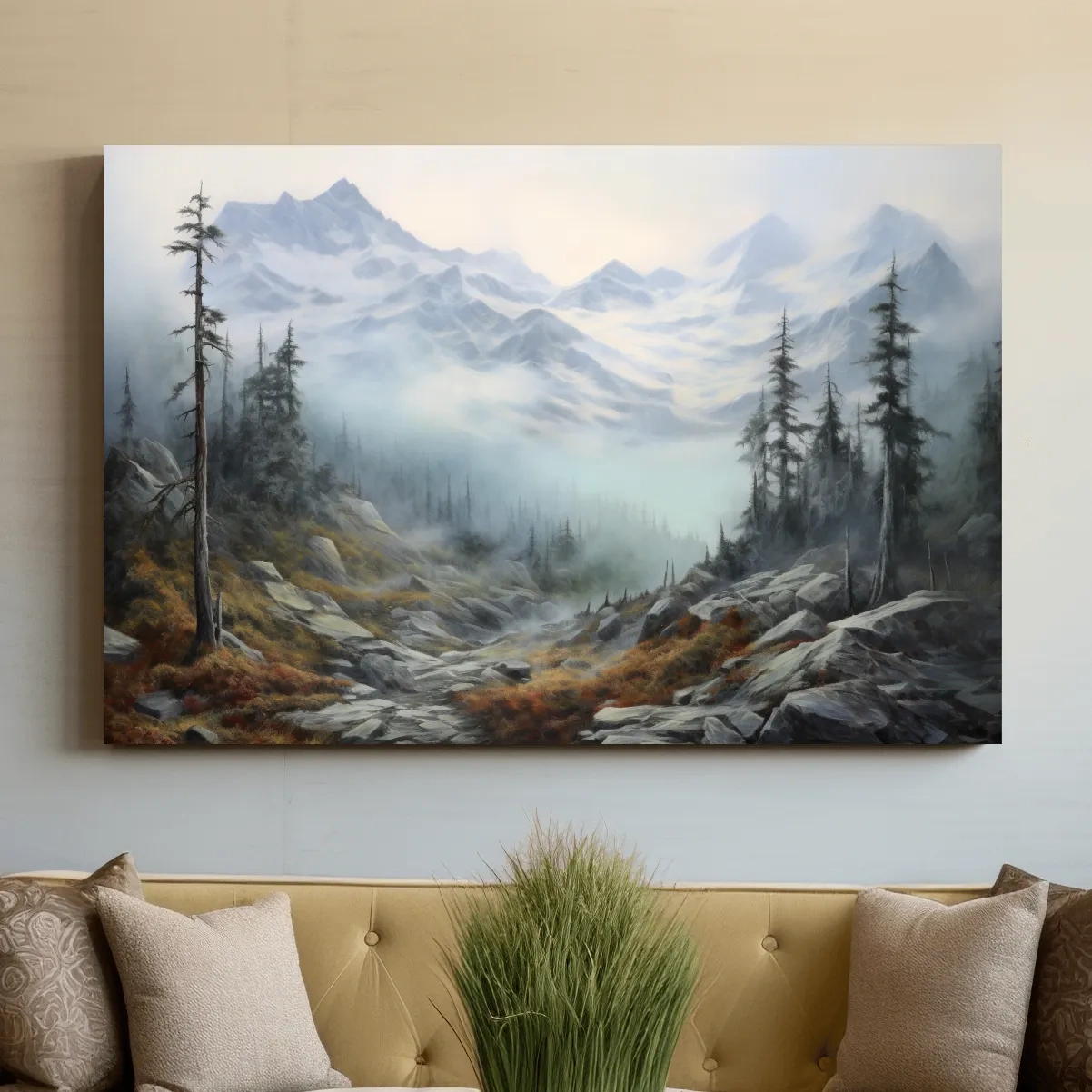 Painting of fog rolling through an alpine scene