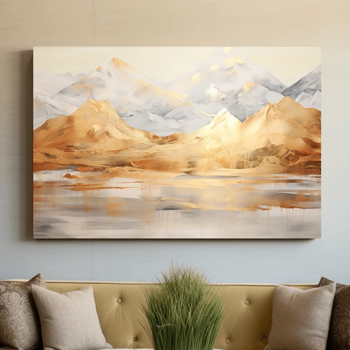 Luxe Golden Abstract Mountain Lake Painting - Elegant Landscape Wall Art