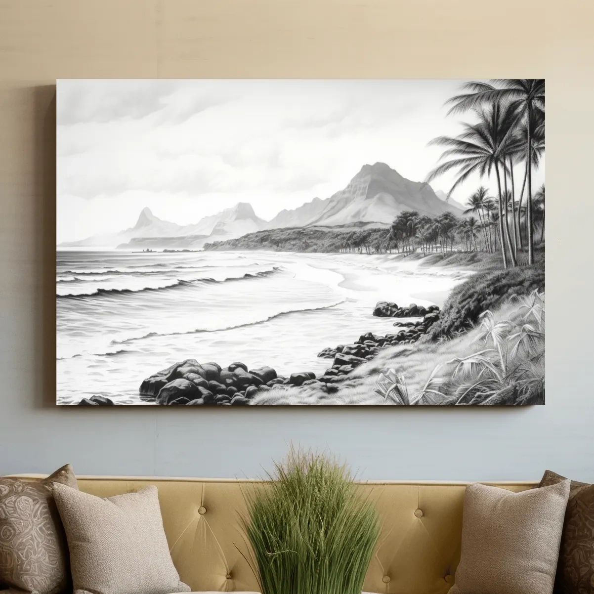Black and white drawing of a tropical beach mountain scene