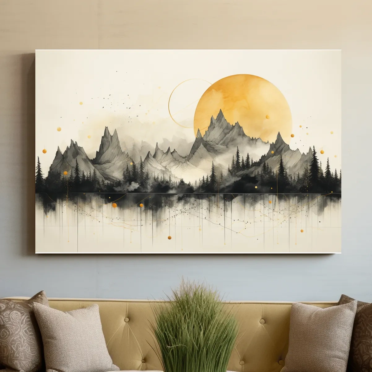 Drawing of jagged mountain peaks under the sun