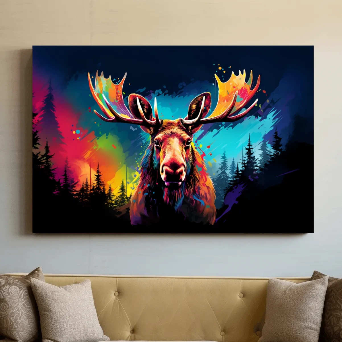Vibrant Abstract Retro Moose Portrait - Colorful Splash Paint Wildlife Wall Art