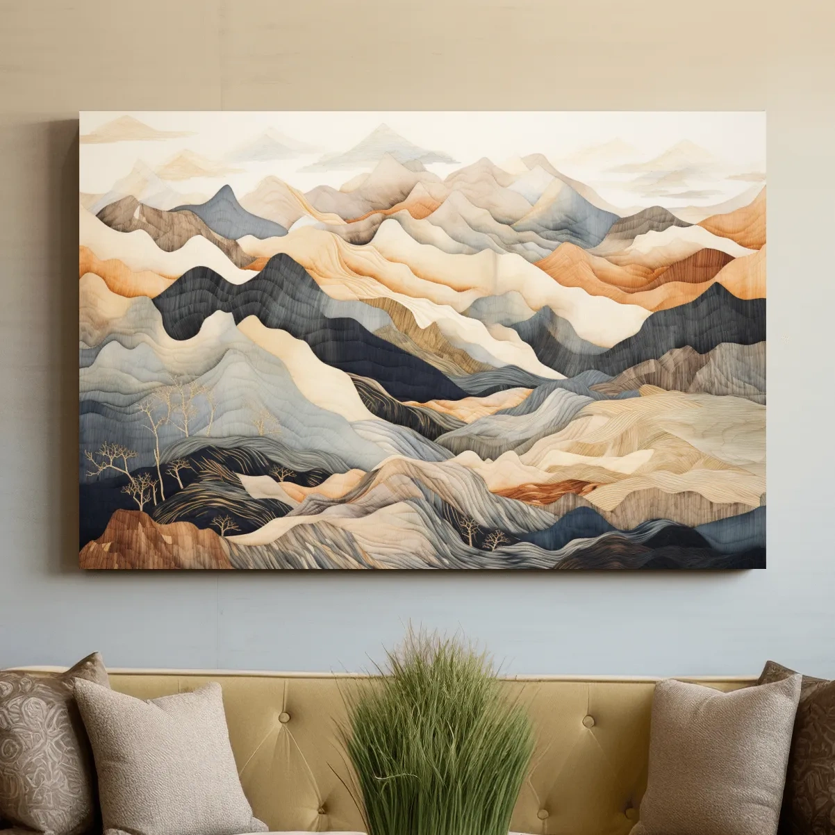 Tapestry style earthy coloured mountain artwork