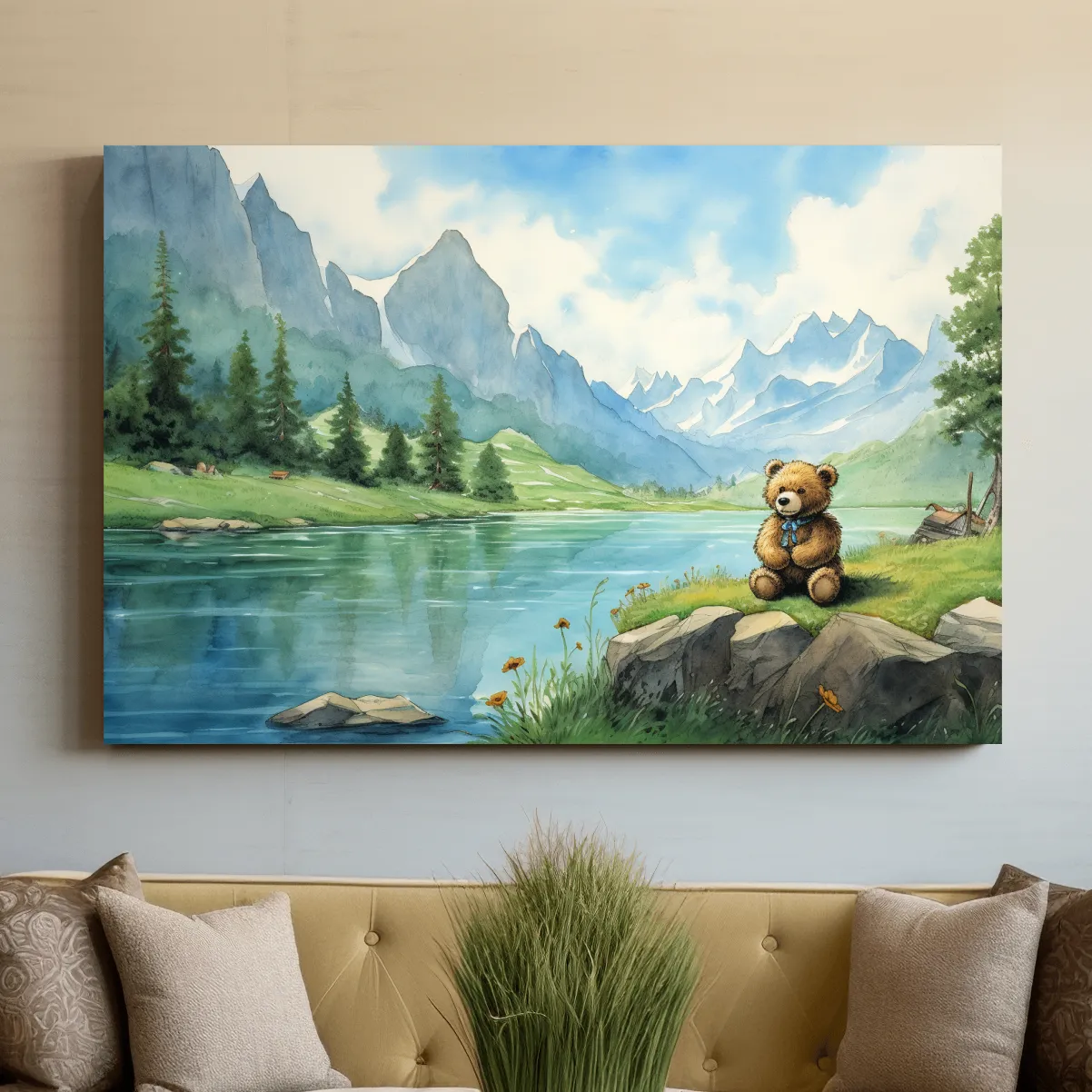 Whimsical Teddy Bear By Mountain Lake - Cute Watercolor Nursery Wall Art