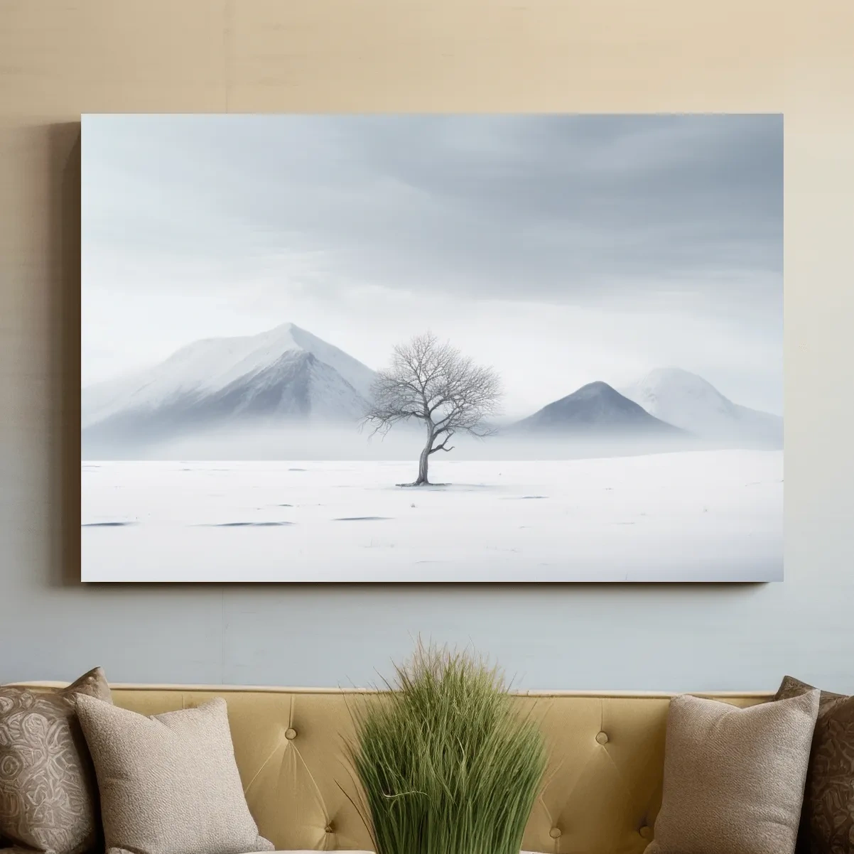 Minimal art, painting of a tree in the snow