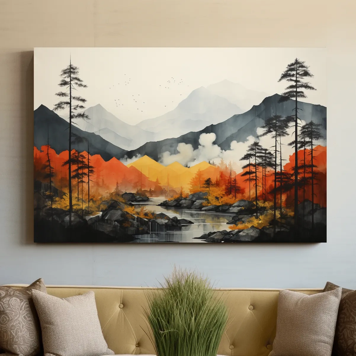 Surreal Mountain Lake Landscape - Autumn Forest Watercolor Wall Art