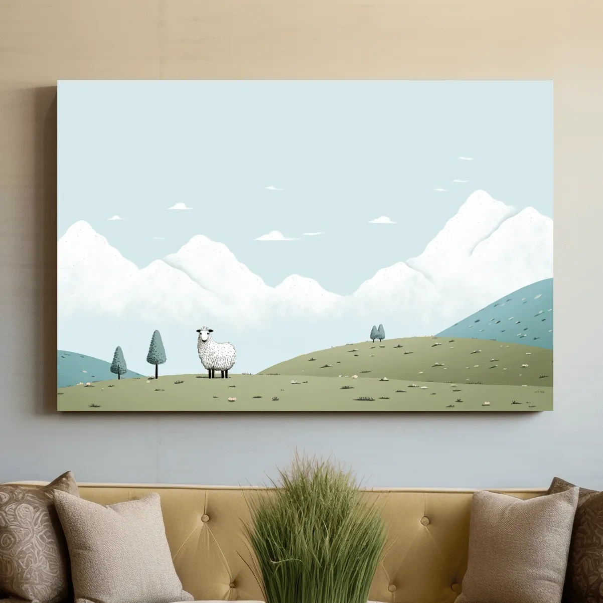 Illustration of a sheep in an alpine landscape