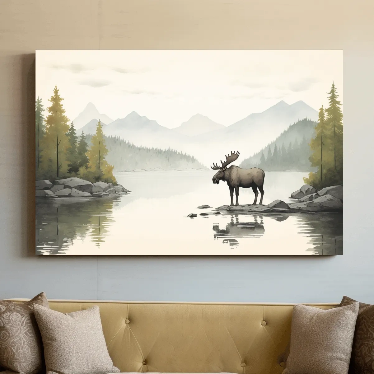 Watercolor Moose By Misty Lake - Mountain Wilderness Nursery Wall Art
