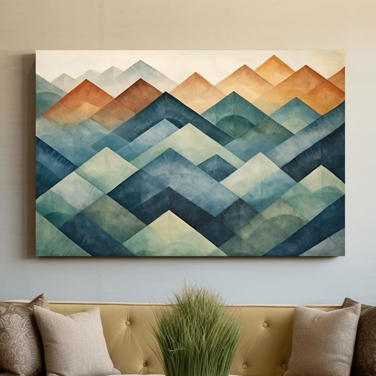Abstract shapes, watercolour style mountain patterns painting