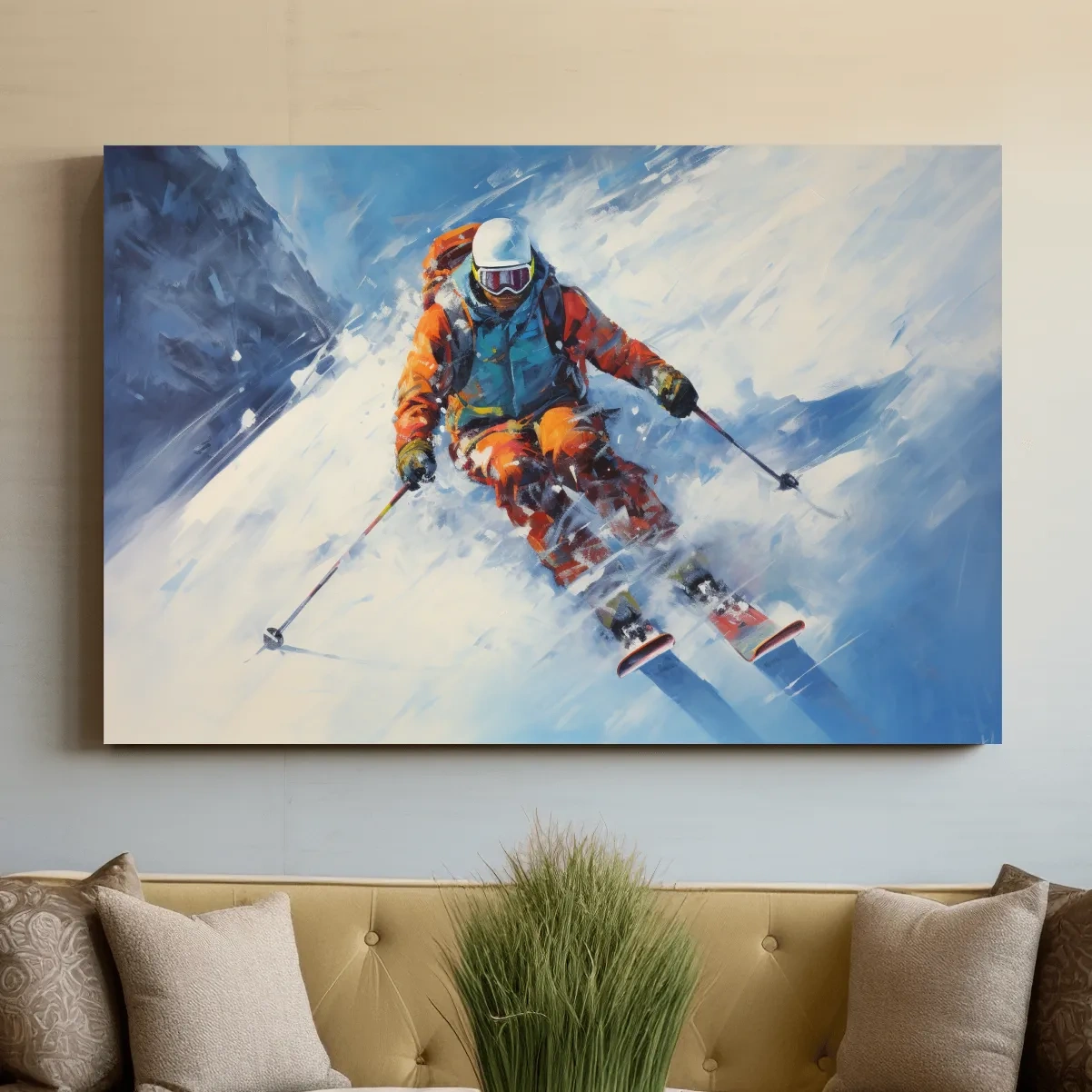 Painting of a skier in deep powder