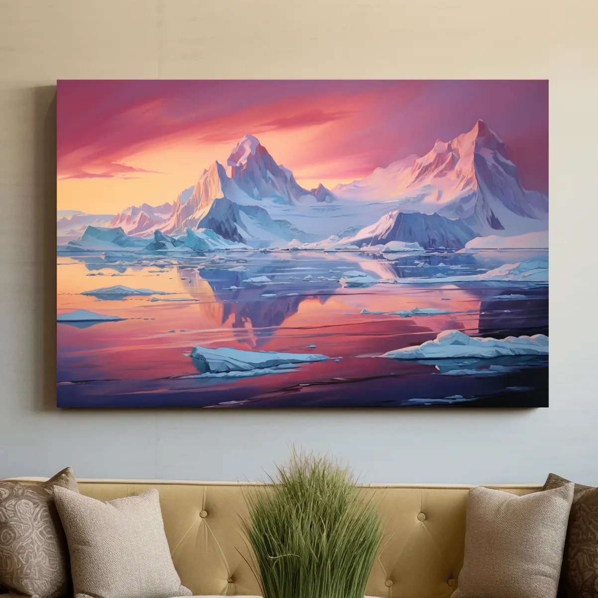 Painting of a sunset over the antarctic glacier