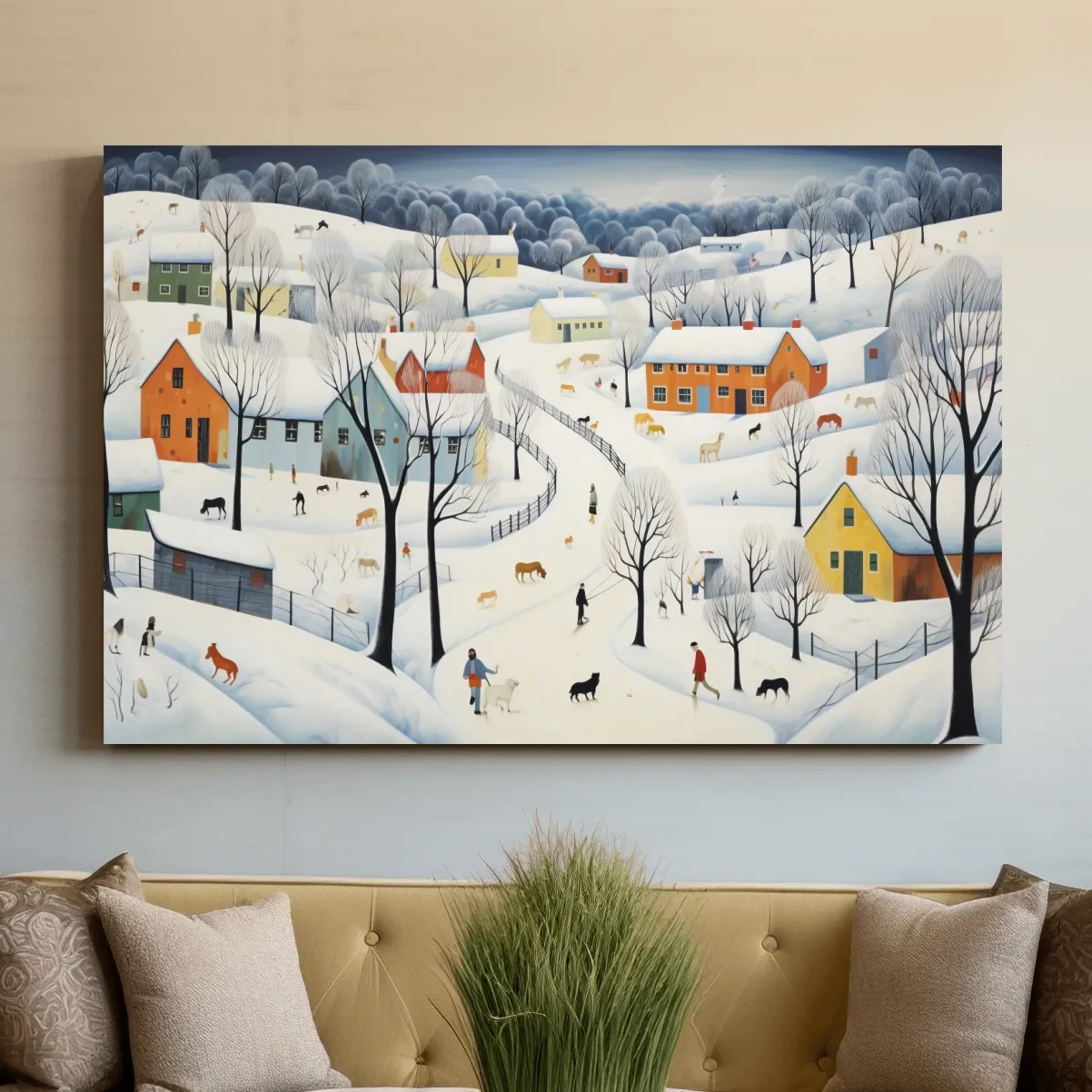 Quirky painting of a mountain village in the snow