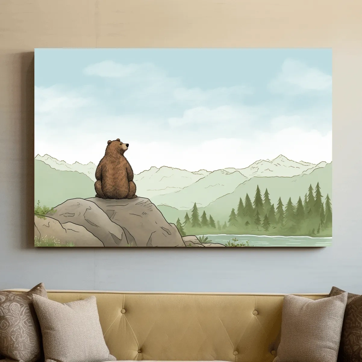 Whimsical Bear Overlooking Mountains - Cute Illustrated Nursery Wall Art
