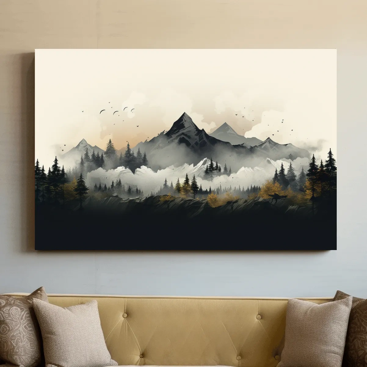 Misty Mountain Range With Pine Forest Illustration - Moody Landscape Wall Art