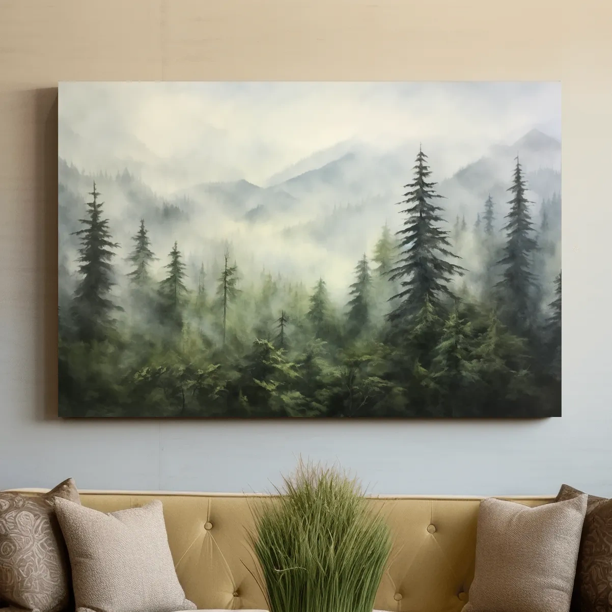 Painting of fog rolling through the trees and mountains