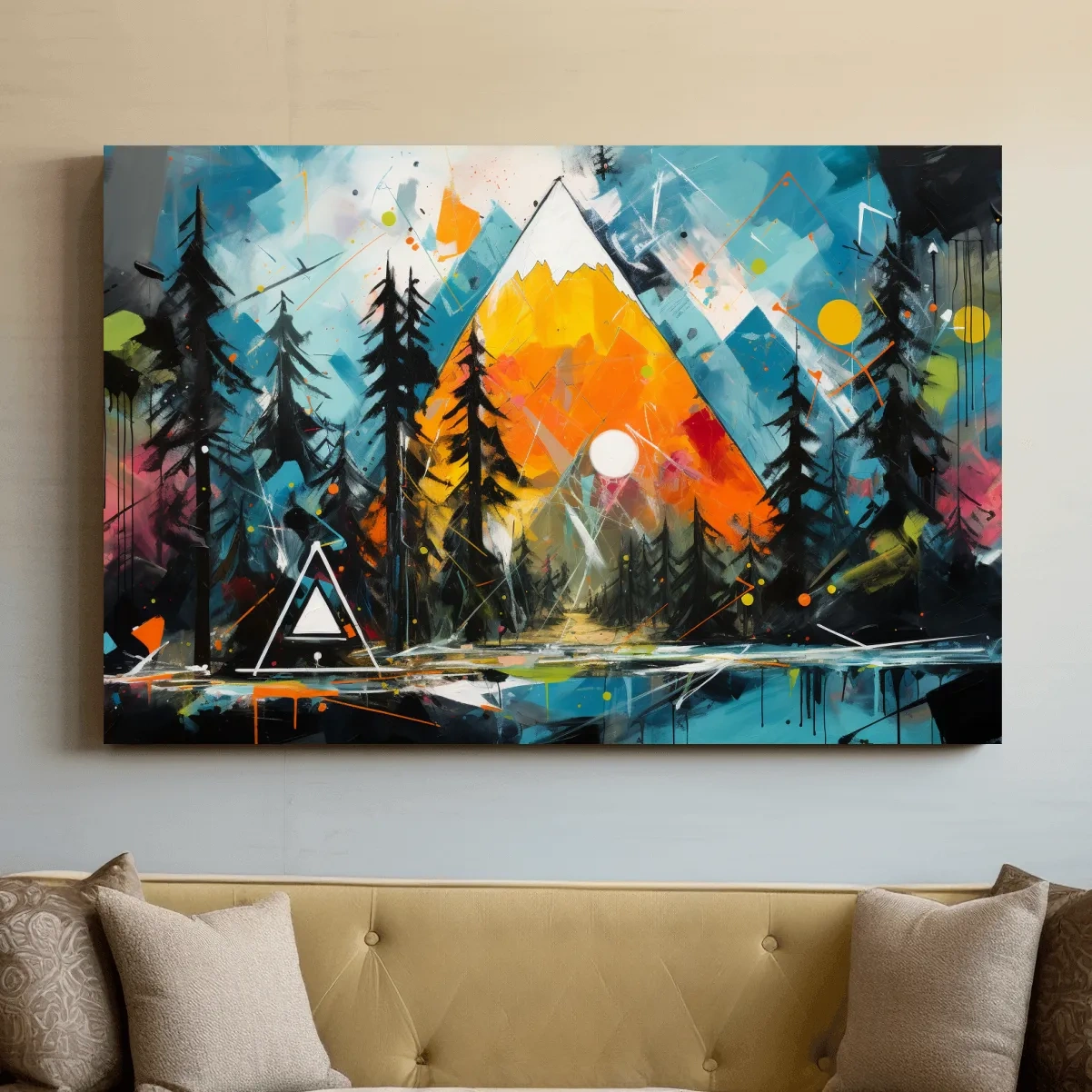 Vibrant Abstract Mountain Sunrise With Pine Forest - Energetic Landscape Wall Art