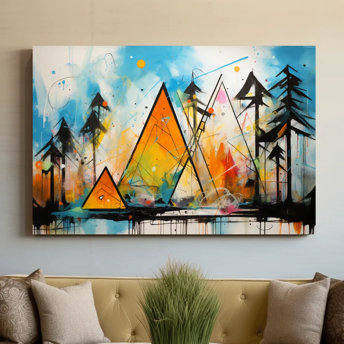 Abstract colourful mountain shapes, triangles forming mountains painting
