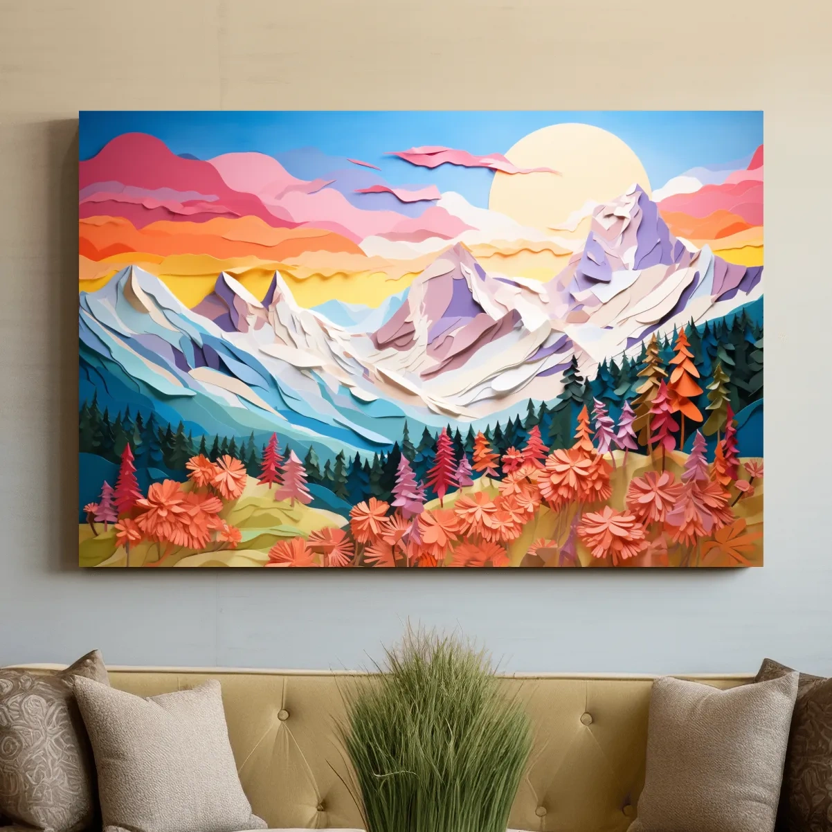 Layered 3D Paper Cut Mountain Sunrise Landscape - Colorful Alpine Meadows Wall Art