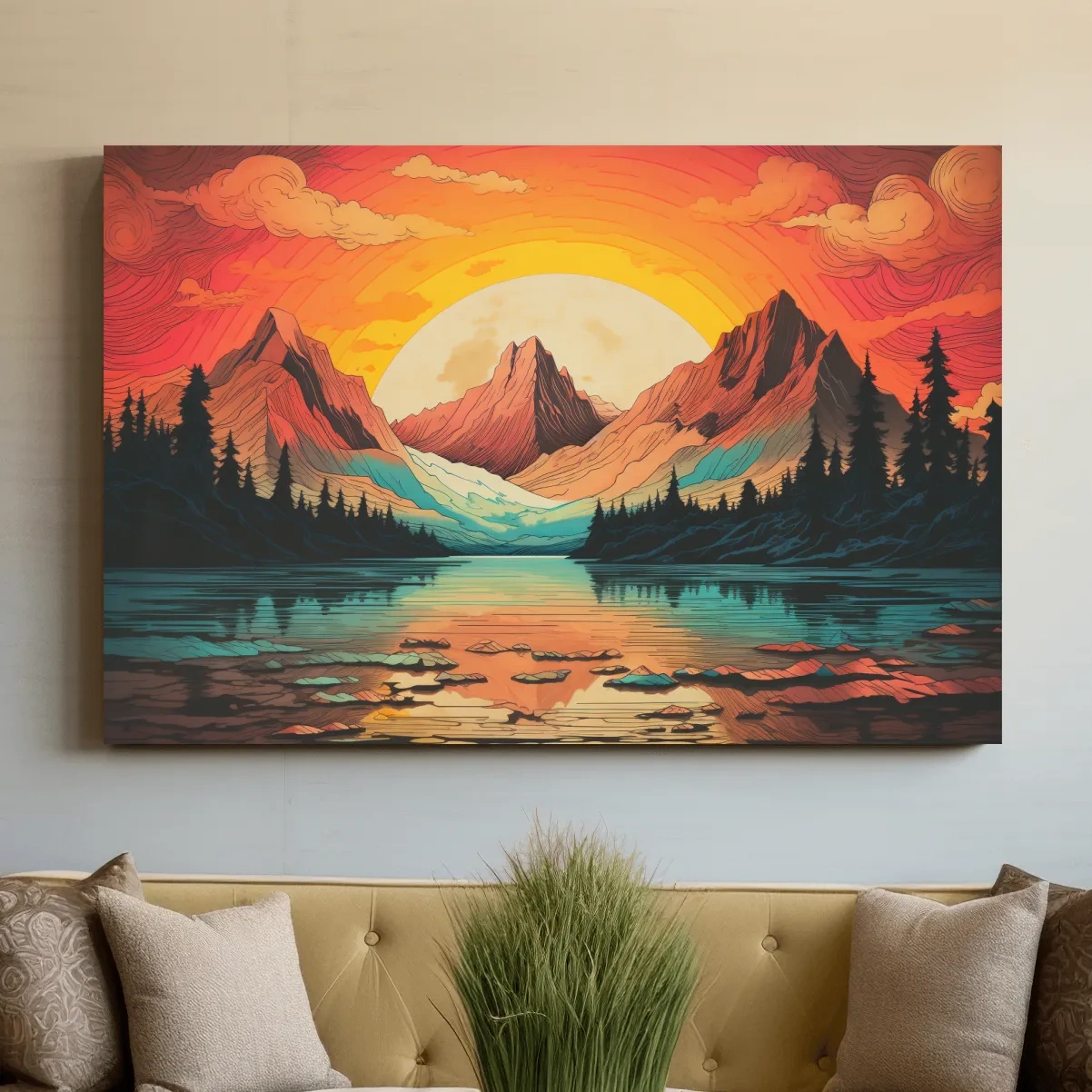 Vibrant illustration of sunset over an alpine lake