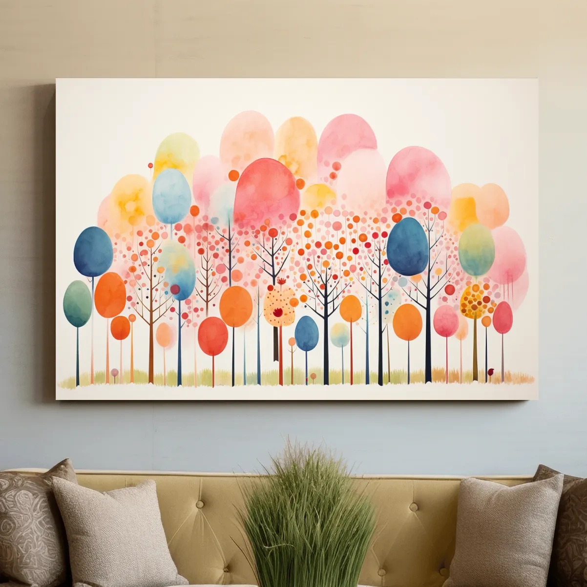 Colorful surreal and whimsical forest painting, pastel colors