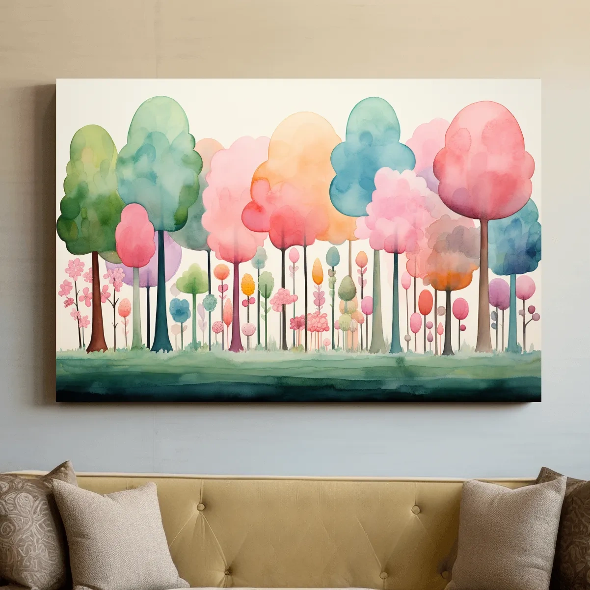 Whimsical Pastel Watercolor Forest - Colorful Nursery Wall Art