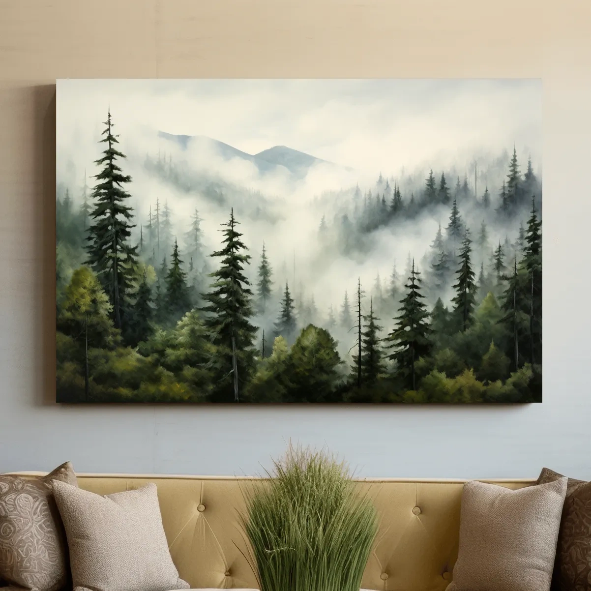 Painting of morning fog rolling through the forest